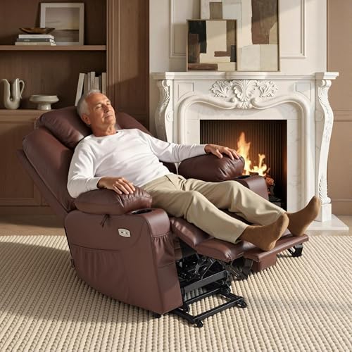 MCombo Large Power Lift Recliner Chair with Massage and Heat for Tall Elderly People, 3 Positions, Cup Holders, and USB Ports, Faux Leather 7516 (Large, Light Brown)