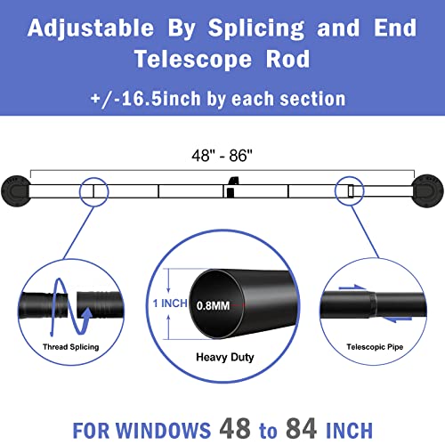 Zeerobee Curtain Rods for Windows 48 to 84, 1 Inch Industrial Curtain Rod, Wrap Around Black Curtain Rods, Indoor/Outdoor Curtain Rod, Room Divider Curtain Rod, Adjustable Curtain Rod, 48-86"