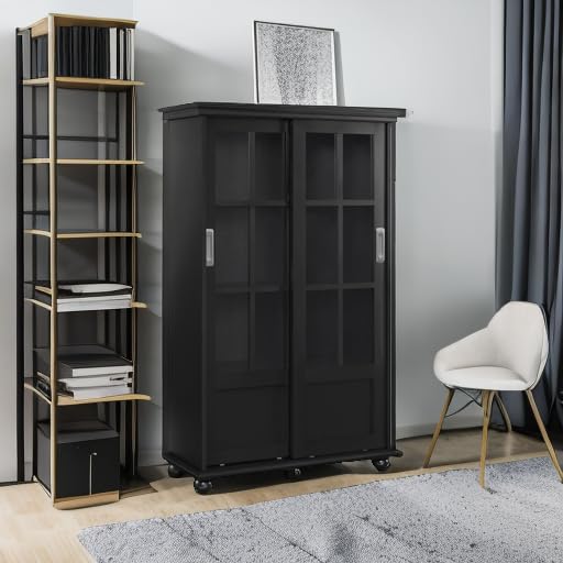 Ameriwood Home Aaron Lane Bookcase with Sliding Glass Doors, Black - WoodArtSupply