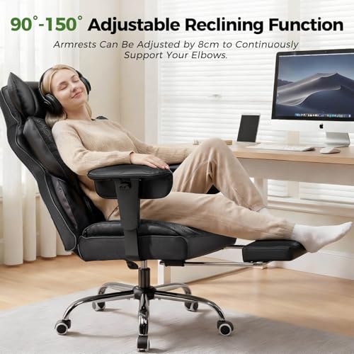 GTPOFFICE Big and Tall Office Chair 400LBS Wide Seat Computer Gaming Chair with Footrest & Comfy Lumbar Support, Leather High Back Executive Chair with Ergonomic Pressure Relief Seat Cushion, Black GTPOFFICE