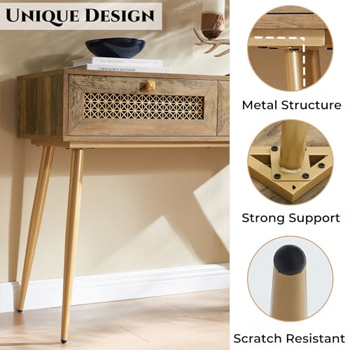 Mid Century Modern Console Table with Drawers, Narrow Sofa Table for Living Room, Entryway and Bedroom, Boho Style, Rustic Oak KACVON