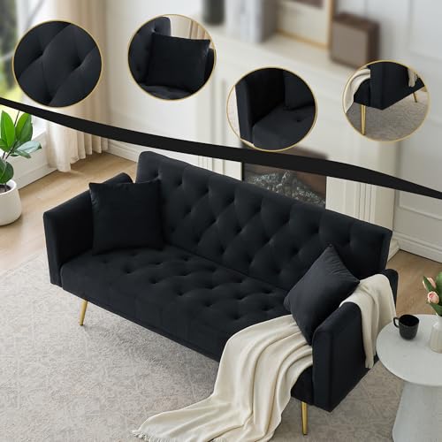 Anwick 72" Modern Velvet Sofa Bed Futon,Convertible Folding Sleeper Bed Couches with 3 Adjustable Backrests,Tufted Recliner Loveseat with Golden Chrome Legs for Small Living Room Office (Black) Anwick