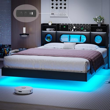 busyaeh Floating Bed Frame Queen with Storage Headboard, Platform Bed Queen Size with Storage & LED Lights,Metal Floating Queen Bed Frame, No Box Spring Needed, Noise-Free, Easy Assembly, PU Black busyaeh