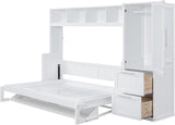 MERITLINE Full Murphy Bed with Wardrobe Closet,2 Drawer,4 Storage Open Shelves,Wood Folding Murphy Wall Bed Cabinet (White,Full) MERITLINE