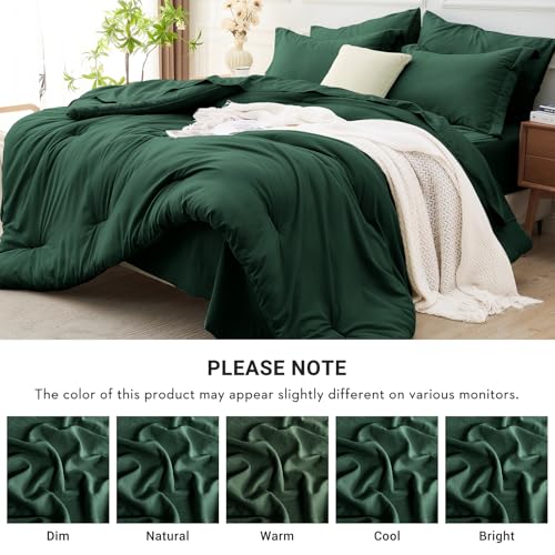 MUXHOMO 7 Pieces Full Comforter Set, Soft Bed in a Bag Full Size, All Season Bedding Set with Comforter, Flat Sheet, Fitted Sheet, Pillowcases & Shams, Dark Emerald Green