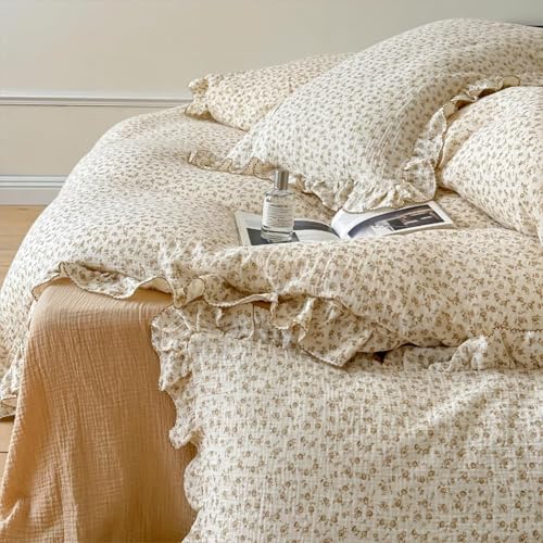 AOJIM Muslin Cotton Kids Duvet Cover with Ruffled Edges for Boys Girls, 1 Piece Soft Pure Cotton Comforter Cover Twin Size 68X86'', Camellia Kids Bedding Duvet Cover for Room Decor, No Quilt/Pillow AOJIM