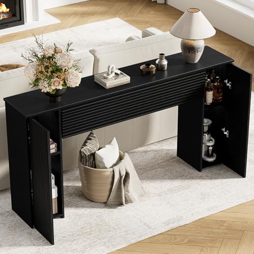 FABATO 61'' Fluted Long Console Table, Wooden Rectangular Sofa Table Behind The Couch, Narrow Entryway Table with 2 Hidden Storage Cabinets for Entrance, Hallway, Living Room, Foyer, Black FABATO