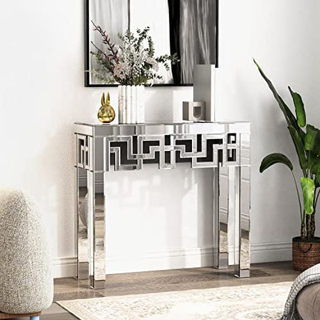 Venetian Mirrored Console Table Clear Glam Contemporary Rectangular Glass MDF Glossy Finish Includes Hardware Generic