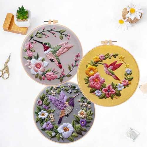 LB 3 Pack Hummingbird Flower Embroidery Kit for Beginners Funny Simple Beginner Embroidery Kit for Adults DIY Starter Kit with Embroidery Hoop Colorful Threads Tools Step by Step Instructions