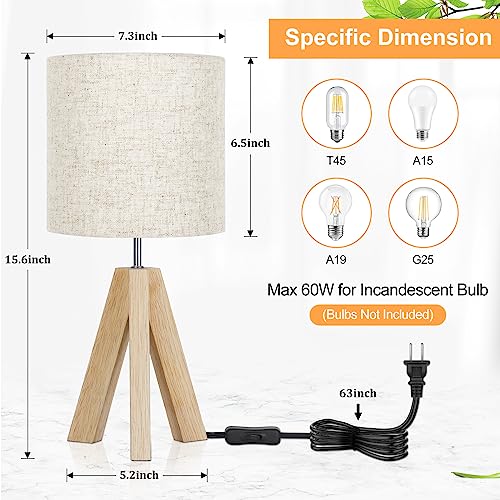 Small Table Lamp, Wooden Tripod Nightstand Lamp with Linen Fabric Shade, Cute Boho Bedroom Lamp for Nightstand, Modern Bedside Lamp for Living Room, Nursery, Kids Room, Office, Dorm, Bulb Not Included Brightever