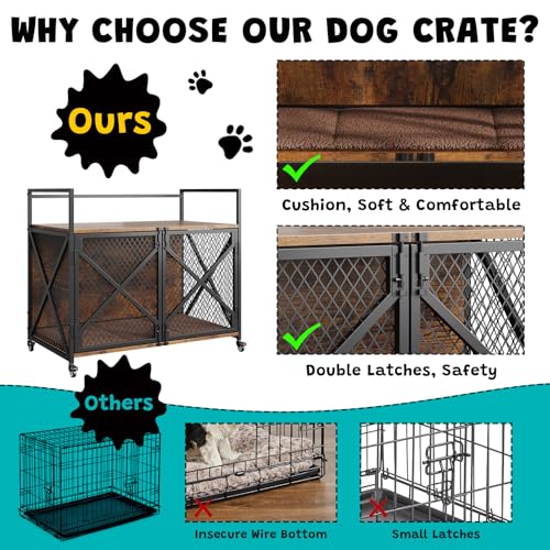 41 Inch Dog Crate Furniture, Heavy Duty Dog Kennel Table with 360° Swivel Wheels, Double Doors, 4 Latches, Vintage Farmhouse Dog House End Table for Large, Medium and Small Dogs, Brown Hipicute