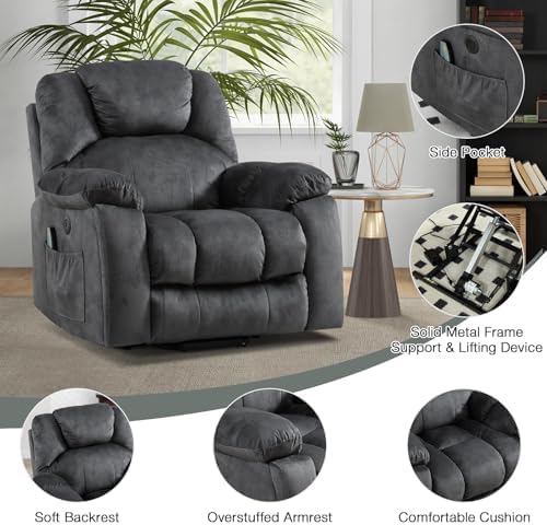 IOMOR Large Power Lift Recliner with Massage and Heat for Elderly, Electric Reclining Chair with USB Port, 2 Hidden Cup Holders, Side Pockets (1, Green Grey) IOMOR