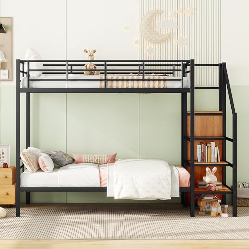 Harper & Bright Designs Metal Bunk Bed with Stairs and Wardrobe, Twin Over Twin Bunk Bed Frame with Storage Ladder, for Kids Teens Adults, Black Harper & Bright Designs