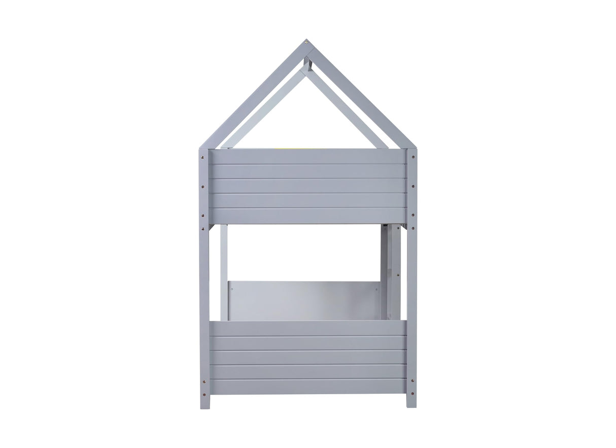 Ball & Cast Twin Over Twin House Bunk Bed for Kids,Rubber Wood Bunk Bed with Headboards, Footboards and Guardrails, Ladder,Twin Size House Shaped Bunk-Bed, No Box Spring Needed,Gray Ball & Cast
