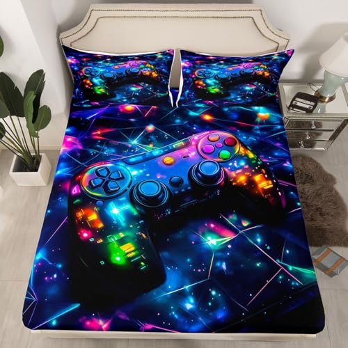 Feelyou Kids Gamer Bed Sheets Set King Size, Galaxy Gaming Sheet Set Glitter Game Comforter Cover Boys Girls Gamepad Teens Bedspread Cover Bedroom Decor with 2 Pillow Case Feelyou