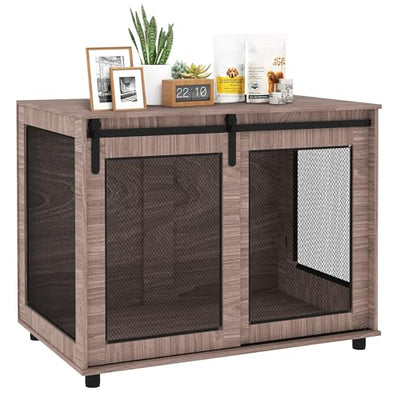 PawHut 39" Dog Crate Furniture, Dog Kennel Furniture End Table with Sliding Barn Door, Pet Cage Table for Large Breeds, Walnut Brown