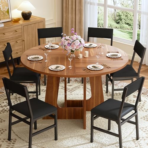 HUAHUU Round Dining Table Set for 6, 7-Piece Kitchen Table and Chairs for 6, 47'' Round Dining Room Table Set with 6 Chairs, Space Saving Dining Table with Wood Base for Kitchen, Living Room, Brown HUAHUU