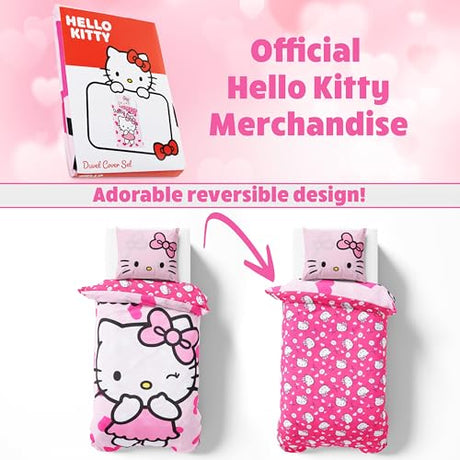 Hello Kitty Sanrio Duvet Cover and Pillowcase Set for Girls, Teens, Reversible Bedding 53 x 79” Bedroom Decor, Kawaii Gifts for Girls (Pink Hello Kitty, Single) Hello Kitty