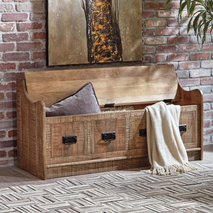 Signature Design by Ashley Garrettville Vintage Distressed Solid Wood Entryway Storage Bench, Brown