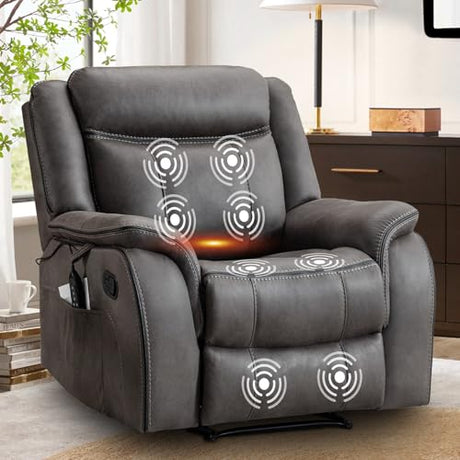 BAMCANFUR Massage Recliner Chair with Heated, Faux Leather Recliner Chairs for Adults, 39" Wide Manual Reclining Ergonomic Lounge Chair for Living Room with Overstuffed Backrest, Side Pocket, Grey BAMCANFUR