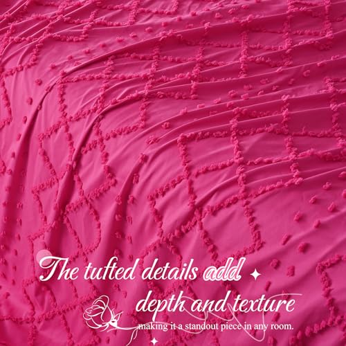 Manyshofu 5Pcs Boho Full Duvet Cover Set - Tufted Hot Pink Duvet Cover Pattern, Shabby Chic Boho Bedding Set Textured Comforter Covers with Embroidery Pillow Shams Manyshofu