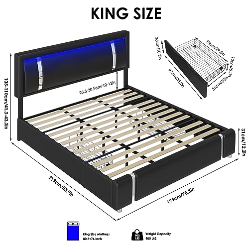 Keyluv Modern King Size Bed Frame with RGB LED Lights, USB Ports & Storage Drawers in Black - WoodArtSupply