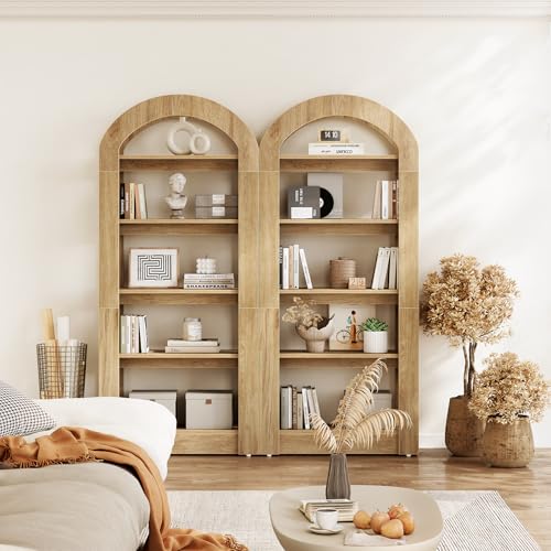 LITTLE TREE 5-Tier Bookshelf, Arch-Shaped Racks, Tall Standing Wooden Bookcase Display Shelf Modern Storage Solution (1, Teak Color) LITTLE TREE