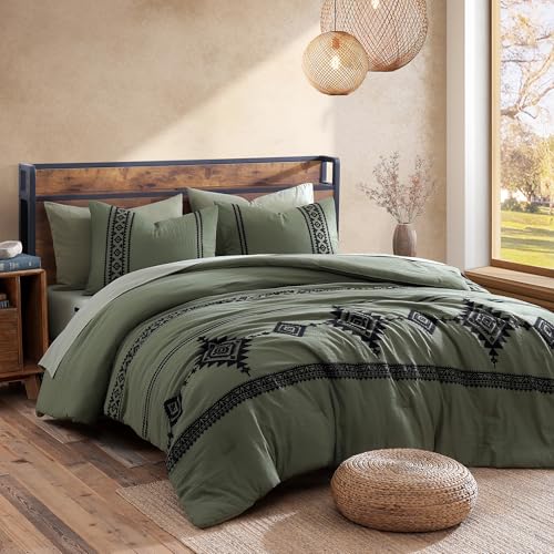 MaiRêve Embroidery Comforter Set, Boho Farmhouse Western Bedding Set, All Season Bed in A Bag Comforter Set with Sheets, Pillowcases & Shams, Olive Green King 7 Pieces MaiRêve