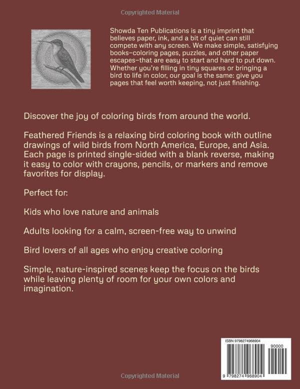 Feathered Friends: Relaxing Coloring Pages of birds for Kids and Adults WoodArtSupply