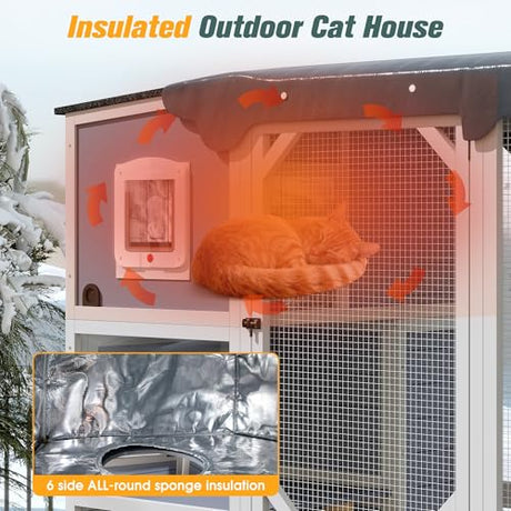 COZIWOW Insulated Outdoor Cat Catio, Large Wood Cat Enclosure with Weatherproof Roof, 2 Resting Rooms, 2 Platforms, 4-Tier Cat Playpen (Grey-Insulated) COZIWOW