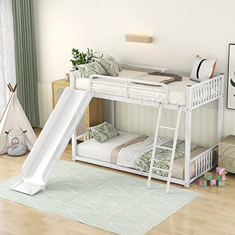 Bellemave Bunk Bed with Slide, Metal Twin Over Twin Bunk Bed with Slide and Ladder, Made of Heavy Duty Steel, for Girls Boys Teens – White Bellemave