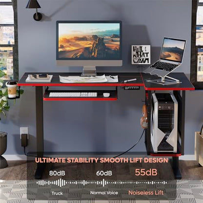 Bestier L Shaped Electric Standing Desk Adjustable Height with Keyboard Tray, Host Shelf & Pegboard (Black 3D Carbon Fiber with Red Edge) - WoodArtSupply