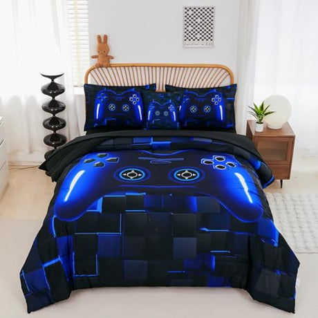 PERFEMET Twin Size Bed in A Bag 6 Pieces Gaming Bedding Set for Boys Blue Gamer Comforter with Sheet Set for Kids Teen Cool Video Game Black Quilt Bedding Set(Blue, Twin) PERFEMET