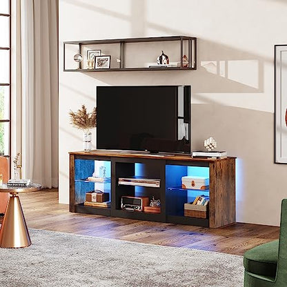 WLIVE TV Stand for 65 Inch TV, Entertainment Center with Adjustable Glass Shelves, LED TV Console, TV Stands for Living Room, Rustic Brown - WoodArtSupply