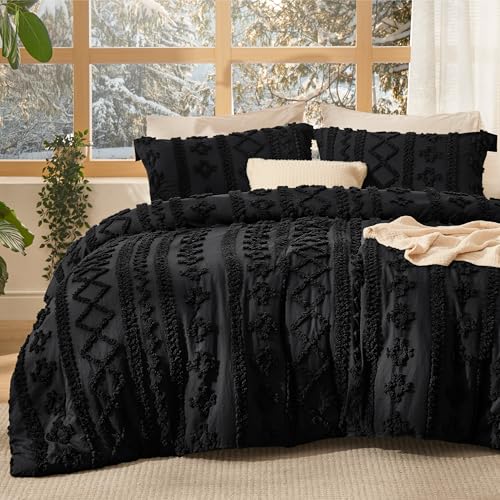 Bedsure Tufted Boho Comforter Set King Size - Black Boho Bed Set, GentleSoft™ 3 Pieces Farmhouse Shabby Chic Embroidery Bedding, Gifts for Woman, Soft Jacquard King Comforter for All Seasons Bedsure