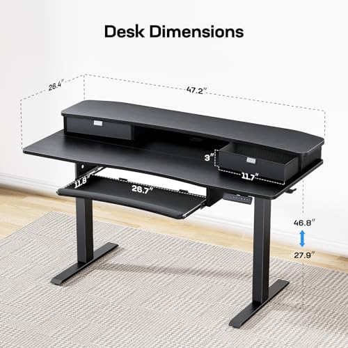 HUANUO 48" x 26" Electric Standing Desk with 2 Drawers & 26.7" Large Keyboard Tray, C-Clamp Mount Compatible, Adjustable Computer Desk for Home Office, Stand Up Desk with 4 Height Presets, Bl - WoodArtSupply