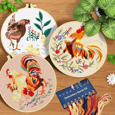ERKOON 3 Sets Embroidery Kit, Floral Cross Stitch Set for Include Embroidery Cloth Hoops Threads for Craft Lover Hand Stitch (Rooster) ERKOON