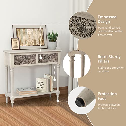 SUNBURY 31.5" W Vintage Console Table with 2 Drawers, Small Entryway Table with 2-Tier Storage Shelves,Beige Side Table for Living Room, Entryway SUNBURY