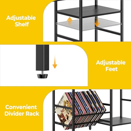 Record Player Stand with LED Light, Turntable Stand with Vinyl Storage - Up to 300+ Albums, 3-Tier Record Player Table Cabinet, Adjustable Shelf & V-Shaped Holder, Vinyl Display Shelf for Living Room Nidouillet
