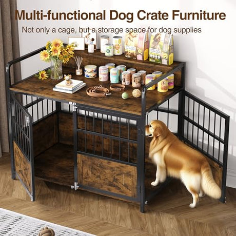 Halitaa 45.3" Dog Crate Furniture for Large Breed, Heavy Duty XL Dog Kennel Indoor with Storage Shelf, Farmhouse Wooden Pet Crate, Chew-Resistant, Brown (45.3" W x 23" D x 39.4" H) Halitaa