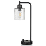 Industrial Bedside Table Lamp for Bedroom - Nightstand Lamps with USB C Charging Port, Fully Dimmable Black Ports and Outlets, Small Desk Glass Shade Office Living Room Innqoo