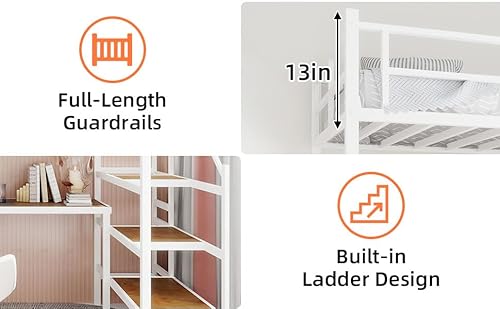 Bellemave Twin Size loft Bed with L Desk, Storage Stairs, Metal Twin Loft Bed Frame for Adults, Kids, Teens, White Bellemave