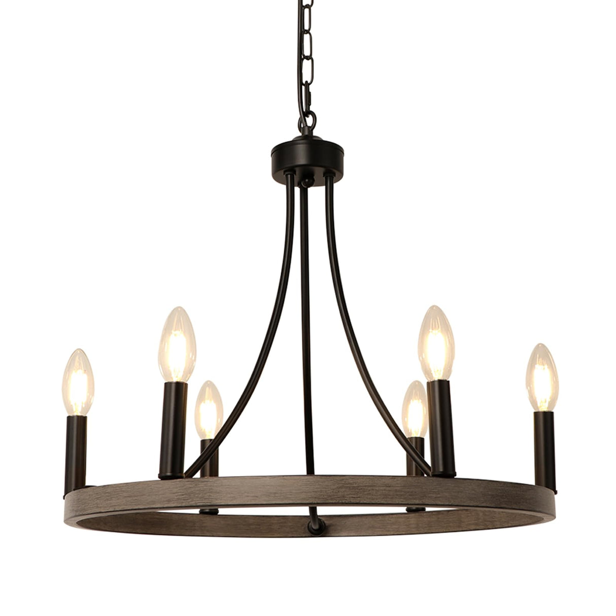 WBinDX Wagon Wheel Chandelier, 6-Light Modern Farmhouse Chandeliers for Dining Room, 19.68 Inch Black Faux Wood Metal Round Chandeliers for Entryway Kitchen Table Living Room Foyer WBinDX