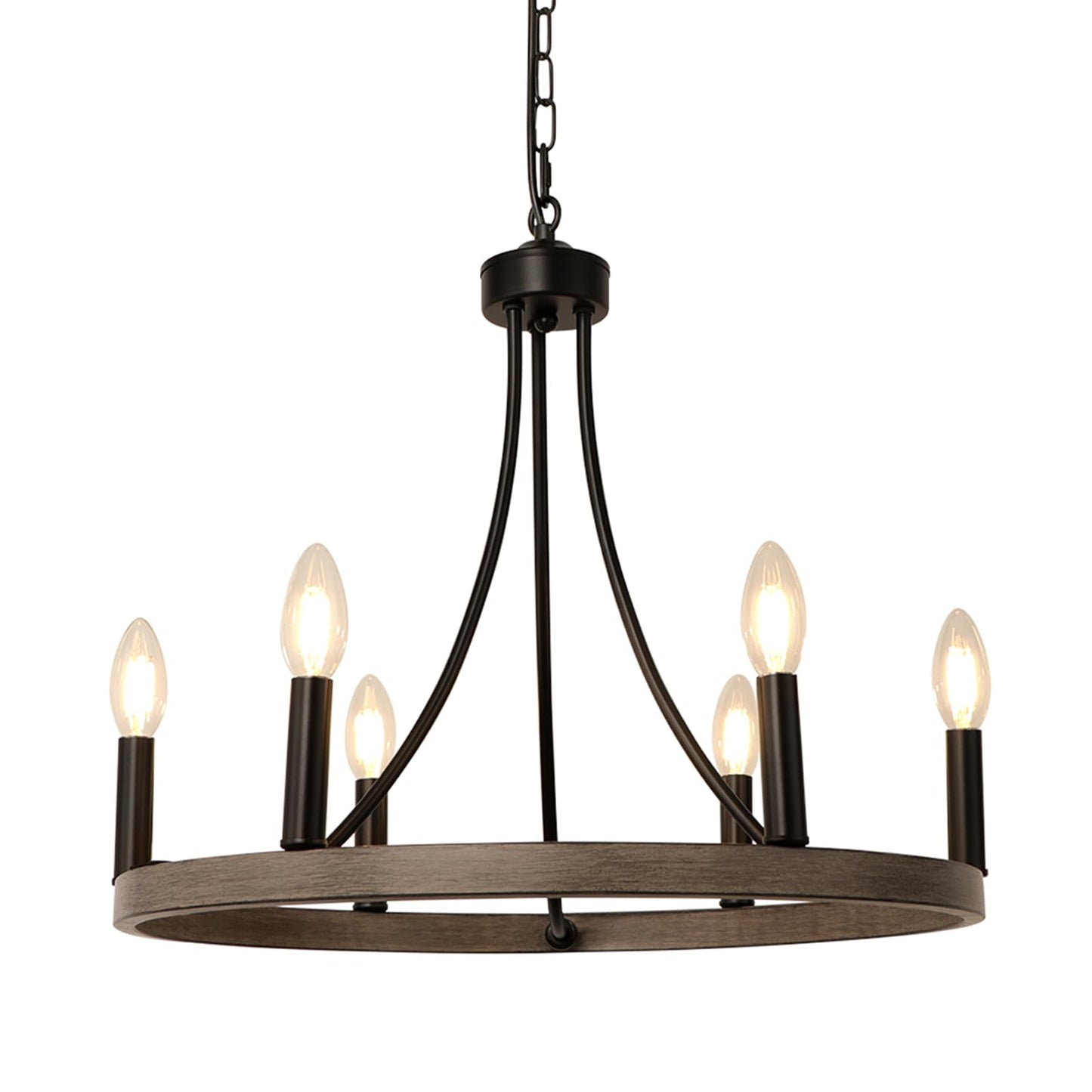 WBinDX Wagon Wheel Chandelier, 6-Light Modern Farmhouse Chandeliers for Dining Room, 19.68 Inch Black Faux Wood Metal Round Chandeliers for Entryway Kitchen Table Living Room Foyer