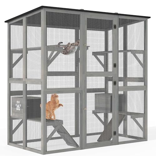 YITAHOME Catio Outdoor Cat Enclosure Large, Tall Wooden Cat House with Weatherproof Asphalt Roof, Cat Cage Playpen with Multiple Platforms & 2 Resting Boxes, 70.9" L x 38.2" W x 70.9" H YITAHOME