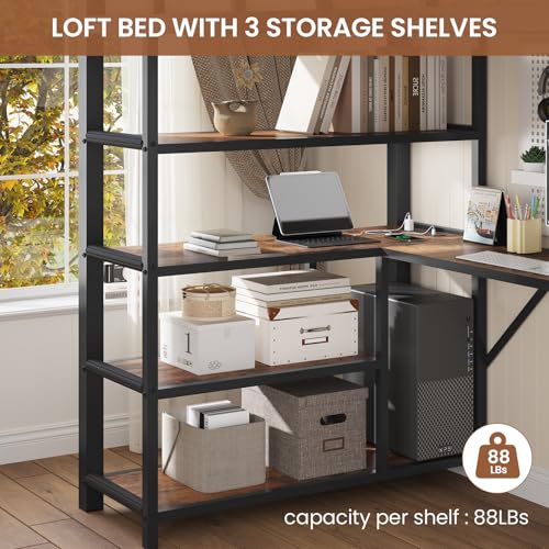 UPOSOJA Loft Bed Twin Size with L Shape Desk,4 Drawers,3-Tier Storage Shelves Metal Loft Bed Frame with Power Outlet and LED Lighted,No Box Spring Needed,Space-Saving,Noise Free,Brown & Black UPOSOJA