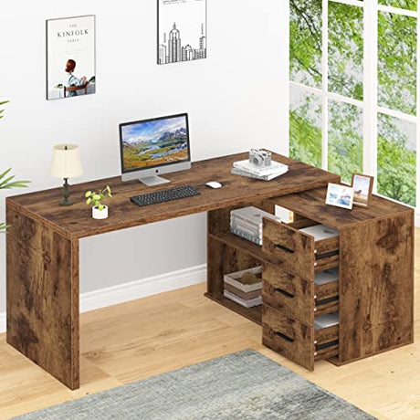 HSH L Shape Home Office Desk with Drawers, L-Shaped Computer Desk with Storage Cabinet Shelves, Wood Executive Desk for Writing Work, Reversible Study Table in Bedroom Living Room, Rustic Brown, 55 In HSH