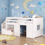 Osparple Twin Size Low Loft Bed, Kids Bed Frame with Shelf, Drawer and Stairs for Girls, Boys, Loft Bed with Storage, Strong Wood Slats Support, White Osparple