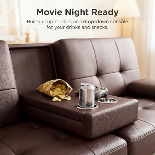 YESHOMY Modern Futon Sofa Bed, Convertible Futon Couch with Adjustable Backrest, Futon Loveseat Sleeper Sofa Bed with Armrest for Living Room, Small Spaces,PU Leather, Brown YESHOMY