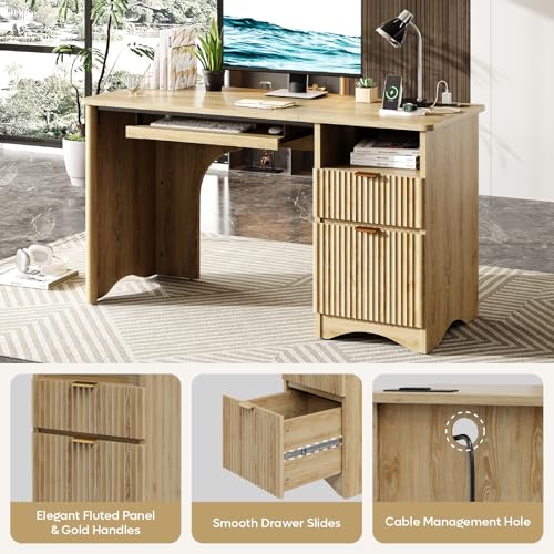 Bestier Computer Desk with Drawer, 55 inch Office Desk with Power Outlet, Modern Home Office Desk with Keyboard Tray (Natual Oak, 55" W with Single-Sided Drawers) Bestier